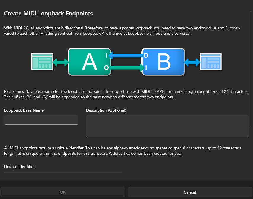 Create MIDI Loopback Endpoints ダイアログ。A と B のクロス接続を図解している
