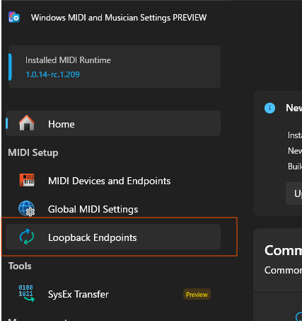 MIDI Settings アプリの画面。左メニューの Loopback Endpoints を選ぶ